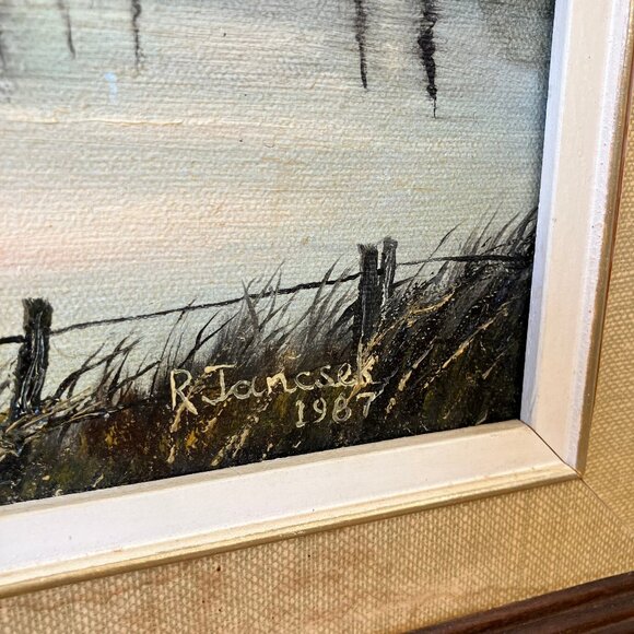 Prairie Grain Elevator Pond Landscape Framed Oil Painting Vintage 1987 R Jancsek - Picture 4 of 6